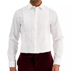 ALFANI Men's White Slim Fit Pleated Panel Formal Shirt Tuxedo Wedding NWT $75